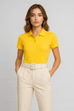 model wearing polo plain tshirts golden yellow