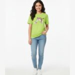 Model wearing Cute Tiger T-Shirt with playful tiger chewing graphic