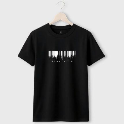 Stay Wild T-Shirt with barcode forest graphic – unisex cotton tee