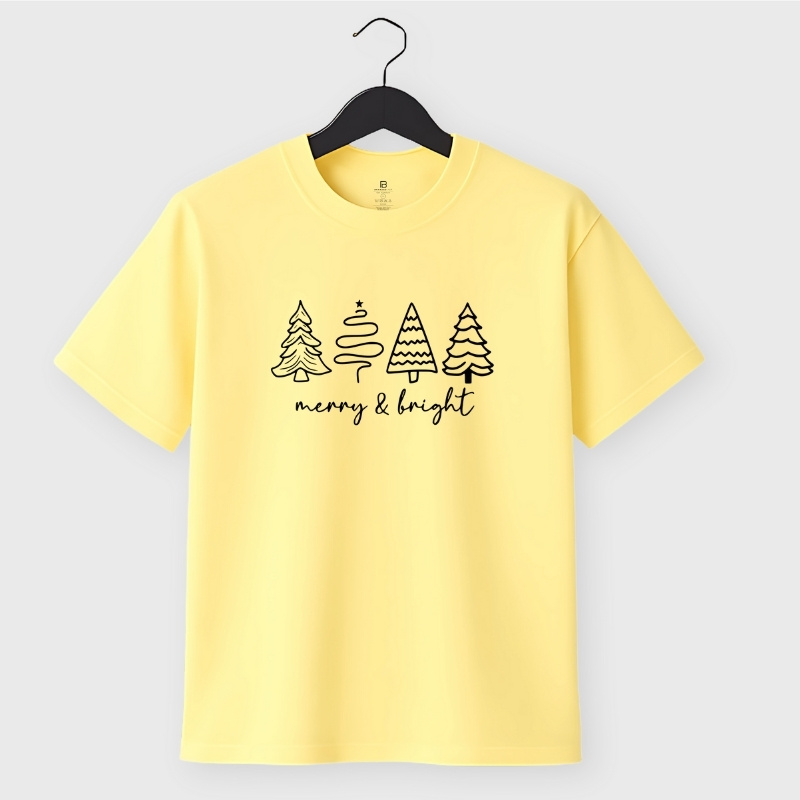 Sun mountain bird abstract-3 Merry and Bright T-Shirt with minimalist line art Christmas trees – cotton unisex tee