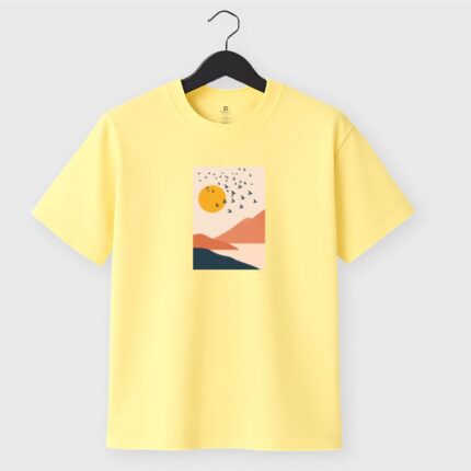 Abstract Nature T-Shirt featuring sun, mountain, and bird design